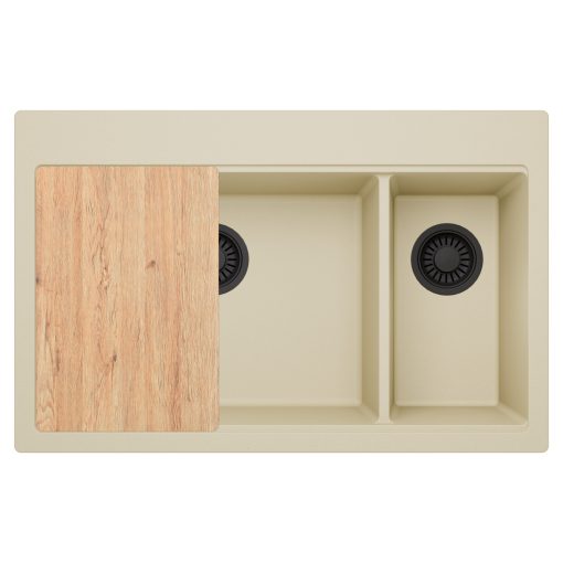 HD Aspen Beige 78 kétmedencés gránit mosogatótálca, vágódeszkával, soft bézs színben, matt fekete leeresztő szifonnal