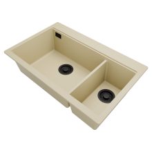 HD Aspen Beige 78 kétmedencés gránit mosogatótálca, vágódeszkával, soft bézs színben, matt fekete leeresztő szifonnal