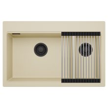 HD Aspen Beige 78 kétmedencés gránit mosogatótálca szett, acél csepegtetőráccsal, soft bézs színben, matt fekete leeresztő szifonnal