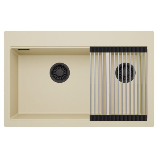 HD Aspen Beige 78 kétmedencés gránit mosogatótálca szett, acél csepegtetőráccsal, soft bézs színben, matt fekete leeresztő szifonnal