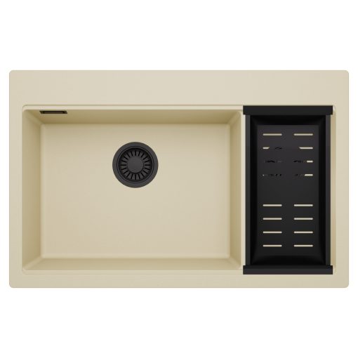 HD Aspen Beige 78 kétmedencés gránit mosogatótálca szett, matt fekete csepegtetőkosárral, soft bézs színben, matt fekete leeresztő szifonnal