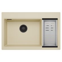 HD Aspen Beige 78 kétmedencés gránit mosogatótálca szett, acél csepegtetőkosárral, soft bézs színben, matt fekete leeresztő szifonnal