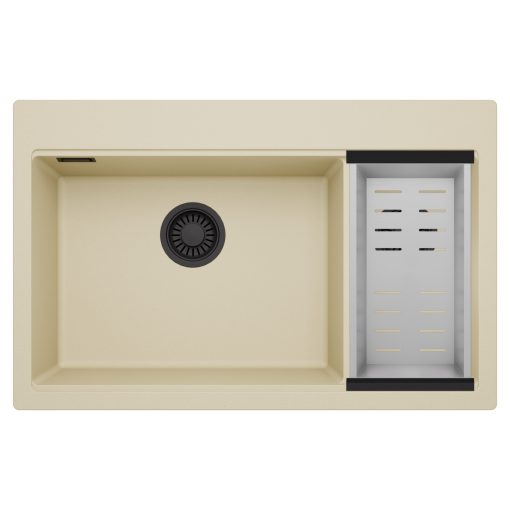HD Aspen Beige 78 kétmedencés gránit mosogatótálca szett, acél csepegtetőkosárral, soft bézs színben, matt fekete leeresztő szifonnal