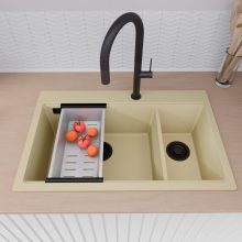 HD Aspen Beige 78 kétmedencés gránit mosogatótálca szett, acél csepegtetőkosárral, soft bézs színben, matt fekete leeresztő szifonnal