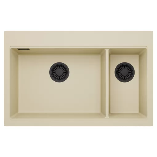 HD Aspen Beige 78 kétmedencés gránit mosogatótálca, soft bézs színben, matt fekete leeresztő szifonnal