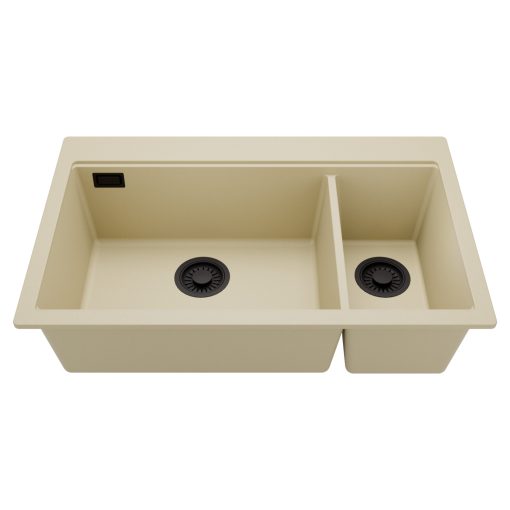 HD Aspen Beige 78 kétmedencés gránit mosogatótálca, soft bézs színben, matt fekete leeresztő szifonnal