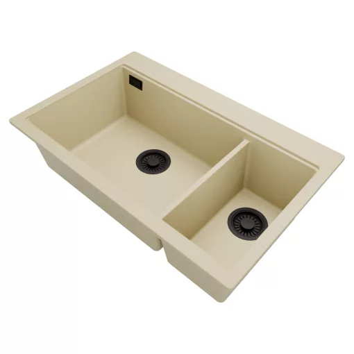 HD Aspen Beige 78 kétmedencés gránit mosogatótálca, soft bézs színben, matt fekete leeresztő szifonnal