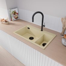HD Aspen Beige 78 kétmedencés gránit mosogatótálca, soft bézs színben, matt fekete leeresztő szifonnal