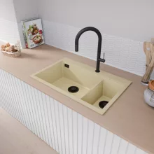 HD Aspen Beige 78 kétmedencés gránit mosogatótálca, soft bézs színben, matt fekete leeresztő szifonnal
