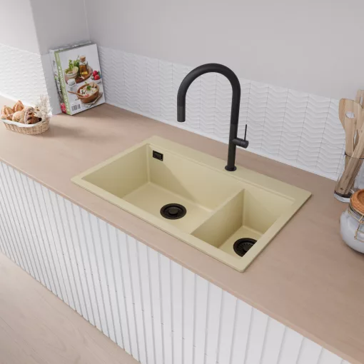 HD Aspen Beige 78 kétmedencés gránit mosogatótálca, soft bézs színben, matt fekete leeresztő szifonnal