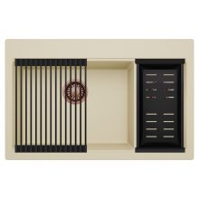 HD Aspen Beige 78 kétmedencés gránit mosogatótálca szett, matt fekete csepegtetőráccsal és kosárral, soft bézs színben, szálcsiszolt réz leeresztő szifonnal