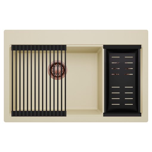 HD Aspen Beige 78 kétmedencés gránit mosogatótálca szett, matt fekete csepegtetőráccsal és kosárral, soft bézs színben, szálcsiszolt réz leeresztő szifonnal
