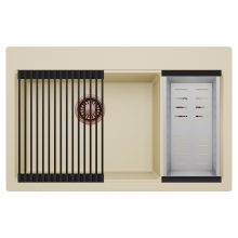 HD Aspen Beige 78 kétmedencés gránit mosogatótálca szett, matt fekete csepegtetőráccsal és krómozott kosárral, soft bézs színben, szálcsiszolt réz leeresztő szifonnal