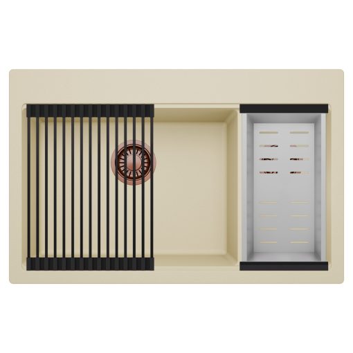 HD Aspen Beige 78 kétmedencés gránit mosogatótálca szett, matt fekete csepegtetőráccsal és krómozott kosárral, soft bézs színben, szálcsiszolt réz leeresztő szifonnal