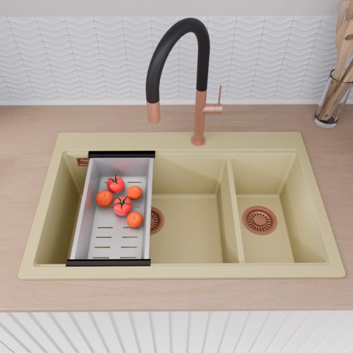 HD Aspen Beige 78 kétmedencés gránit mosogatótálca szett, matt fekete csepegtetőráccsal és krómozott kosárral, soft bézs színben, szálcsiszolt réz leeresztő szifonnal