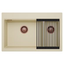 HD Aspen Beige 78 kétmedencés gránit mosogatótálca szett, matt fekete csepegtetőráccsal, soft bézs színben, szálcsiszolt réz leeresztő szifonnal