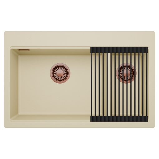 HD Aspen Beige 78 kétmedencés gránit mosogatótálca szett, matt fekete csepegtetőráccsal, soft bézs színben, szálcsiszolt réz leeresztő szifonnal