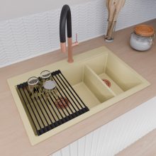 HD Aspen Beige 78 kétmedencés gránit mosogatótálca szett, matt fekete csepegtetőráccsal, soft bézs színben, szálcsiszolt réz leeresztő szifonnal