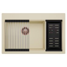 HD Aspen Beige 78 kétmedencés gránit mosogatótálca szett, acél csepegtetőráccsal és matt fekete kosárral, soft bézs színben, szálcsiszolt réz leeresztő szifonnal