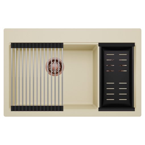 HD Aspen Beige 78 kétmedencés gránit mosogatótálca szett, acél csepegtetőráccsal és matt fekete kosárral, soft bézs színben, szálcsiszolt réz leeresztő szifonnal