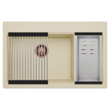 HD Aspen Beige 78 kétmedencés gránit mosogatótálca szett, acél csepegtetőráccsal és kosárral, soft bézs színben, szálcsiszolt réz leeresztő szifonnal