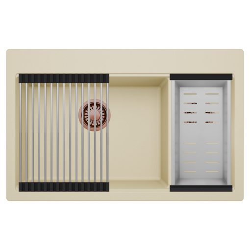 HD Aspen Beige 78 kétmedencés gránit mosogatótálca szett, acél csepegtetőráccsal és kosárral, soft bézs színben, szálcsiszolt réz leeresztő szifonnal