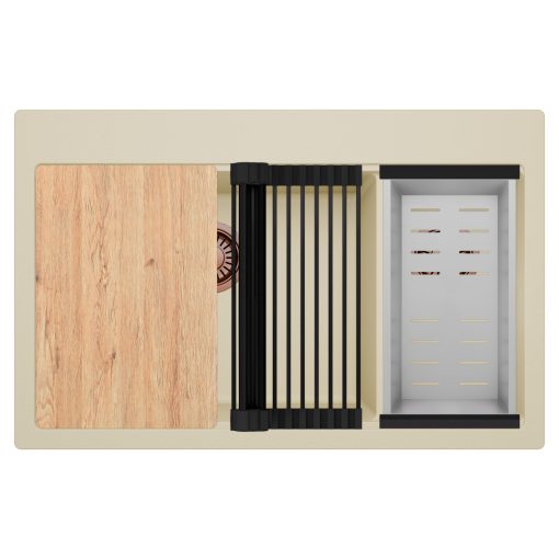 HD Aspen Beige 78 kétmedencés gránit mosogatótálca szett, vágódeszkával, matt fekete csepegtetőráccsal és krómozott kosárral, soft bézs színben, szálcsiszolt réz leeresztő szifonnal