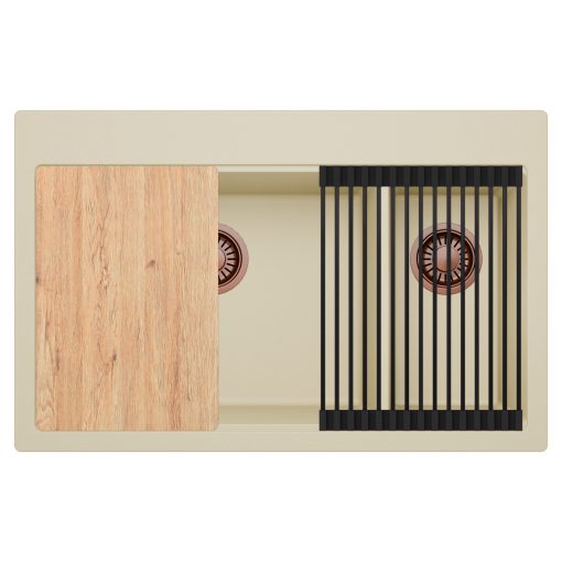 HD Aspen Beige 78 kétmedencés gránit mosogatótálca szett, vágódeszkával, matt fekete csepegtetőráccsal, soft bézs színben, szálcsiszolt réz leeresztő szifonnal