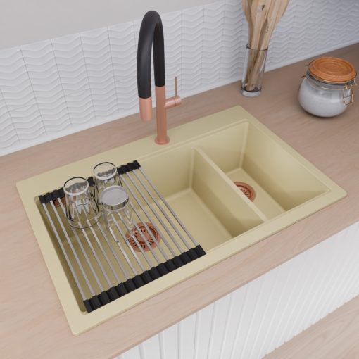 HD Aspen Beige 78 kétmedencés gránit mosogatótálca szett, vágódeszkával, acél csepegtetőráccsal és matt fekete kosárral, soft bézs színben, szálcsiszolt réz leeresztő szifonnal