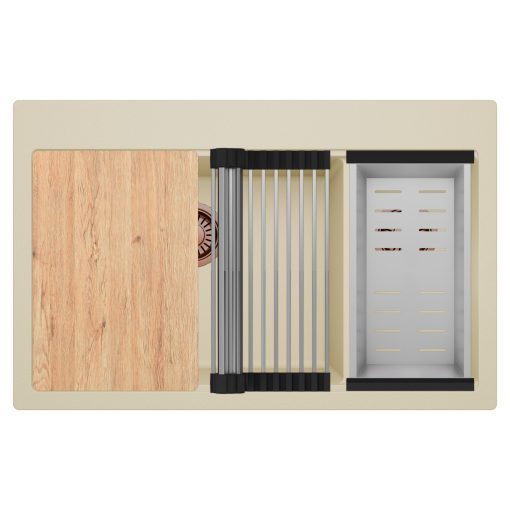 HD Aspen Beige 78 kétmedencés gránit mosogatótálca szett, vágódeszkával, acél csepegtetőráccsal és kosárral, soft bézs színben, szálcsiszolt réz leeresztő szifonnal