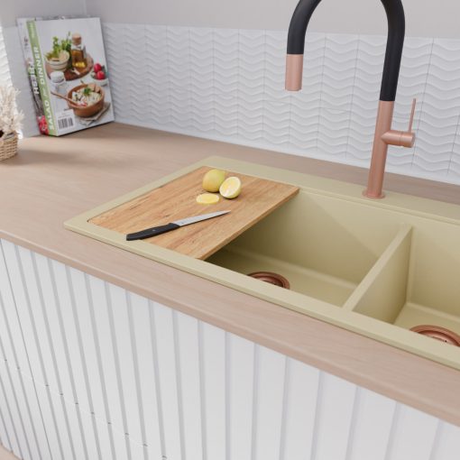 HD Aspen Beige 78 kétmedencés gránit mosogatótálca szett, vágódeszkával, acél csepegtetőráccsal és kosárral, soft bézs színben, szálcsiszolt réz leeresztő szifonnal