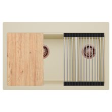 HD Aspen Beige 78 kétmedencés gránit mosogatótálca szett, vágódeszkával, acél csepegtetőráccsal, soft bézs színben, szálcsiszolt réz leeresztő szifonnal