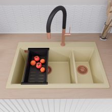 HD Aspen Beige 78 kétmedencés gránit mosogatótálca szett, vágódeszkával, matt fekete csepegtetőkosárral, soft bézs színben, szálcsiszolt réz leeresztő szifonnal