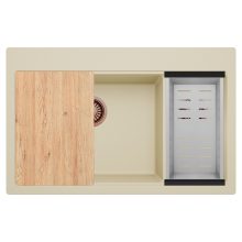 HD Aspen Beige 78 kétmedencés gránit mosogatótálca szett, vágódeszkával, acél csepegtetőkosárral, soft bézs színben, szálcsiszolt réz leeresztő szifonnal