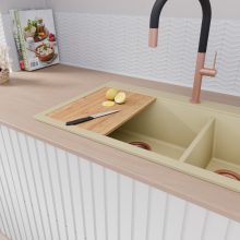 HD Aspen Beige 78 kétmedencés gránit mosogatótálca szett, vágódeszkával, acél csepegtetőkosárral, soft bézs színben, szálcsiszolt réz leeresztő szifonnal