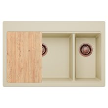 HD Aspen Beige 78 kétmedencés gránit mosogatótálca, vágódeszkával, soft bézs színben, szálcsiszolt réz leeresztő szifonnal