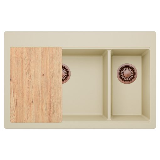 HD Aspen Beige 78 kétmedencés gránit mosogatótálca, vágódeszkával, soft bézs színben, szálcsiszolt réz leeresztő szifonnal