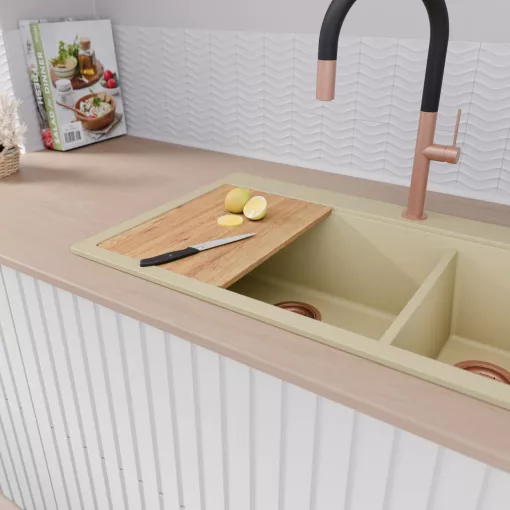 HD Aspen Beige 78 kétmedencés gránit mosogatótálca, vágódeszkával, soft bézs színben, szálcsiszolt réz leeresztő szifonnal