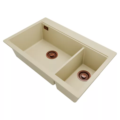 HD Aspen Beige 78 kétmedencés gránit mosogatótálca, vágódeszkával, soft bézs színben, szálcsiszolt réz leeresztő szifonnal