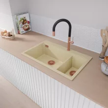 HD Aspen Beige 78 kétmedencés gránit mosogatótálca, vágódeszkával, soft bézs színben, szálcsiszolt réz leeresztő szifonnal