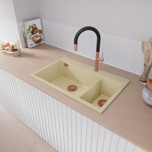 HD Aspen Beige 78 kétmedencés gránit mosogatótálca, vágódeszkával, soft bézs színben, szálcsiszolt réz leeresztő szifonnal