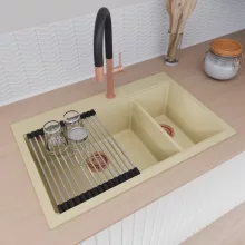 HD Aspen Beige 78 kétmedencés gránit mosogatótálca szett, acél csepegtetőráccsal, soft bézs színben, szálcsiszolt réz leeresztő szifonnal
