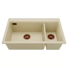 HD Aspen Beige 78 kétmedencés gránit mosogatótálca, soft bézs színben, szálcsiszolt réz leeresztő szifonnal