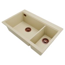 HD Aspen Beige 78 kétmedencés gránit mosogatótálca, soft bézs színben, szálcsiszolt réz leeresztő szifonnal