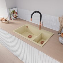 HD Aspen Beige 78 kétmedencés gránit mosogatótálca, soft bézs színben, szálcsiszolt réz leeresztő szifonnal