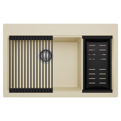 HD Aspen Beige 78 kétmedencés gránit mosogatótálca szett, matt fekete csepegtetőráccsal és kosárral, soft bézs színben