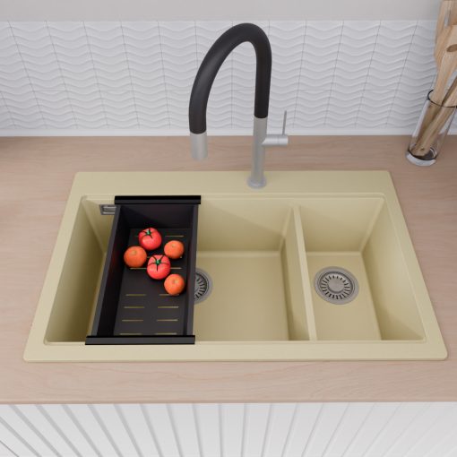 HD Aspen Beige 78 kétmedencés gránit mosogatótálca szett, acél csepegtetőráccsal és matt fekete kosárral, soft bézs színben