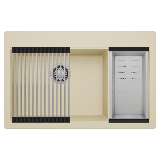 HD Aspen Beige 78 kétmedencés gránit mosogatótálca szett, acél csepegtetőráccsal és kosárral, soft bézs színben