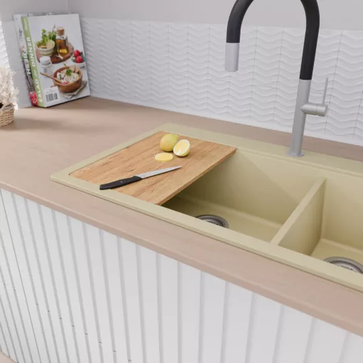 HD Aspen Beige 78 kétmedencés gránit mosogatótálca, vágódeszkával, soft bézs színben