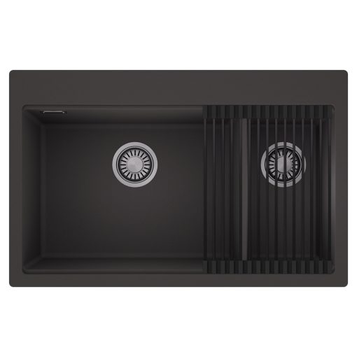 HD Aspen Antracit 78 kétmedencés gránit mosogatótálca szett, matt fekete csepegtetőráccsal, matt antracit színben, szálcsiszolt króm leeresztő szifonnal